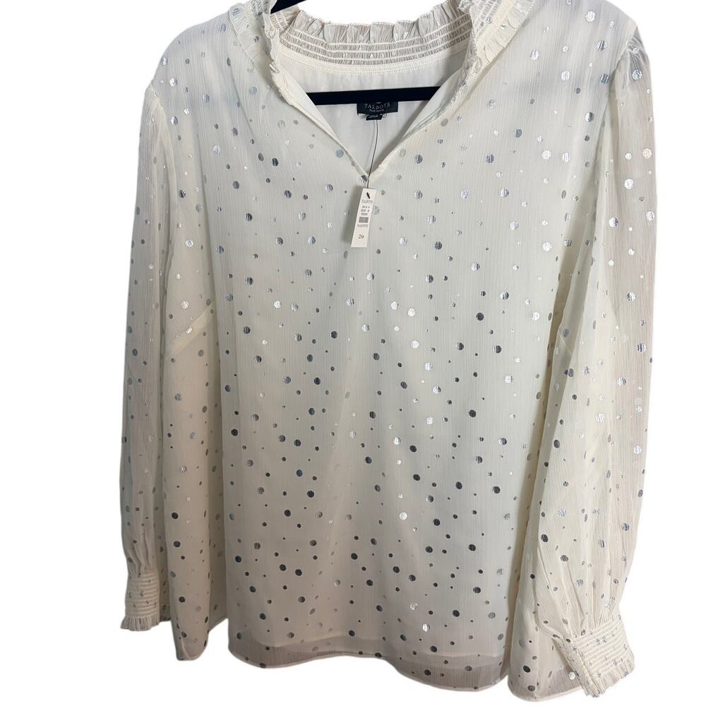 Talbots 2XP Petite Silver Metallic Polka Dot Chiffon Blouse NWT Smocked Sleeve